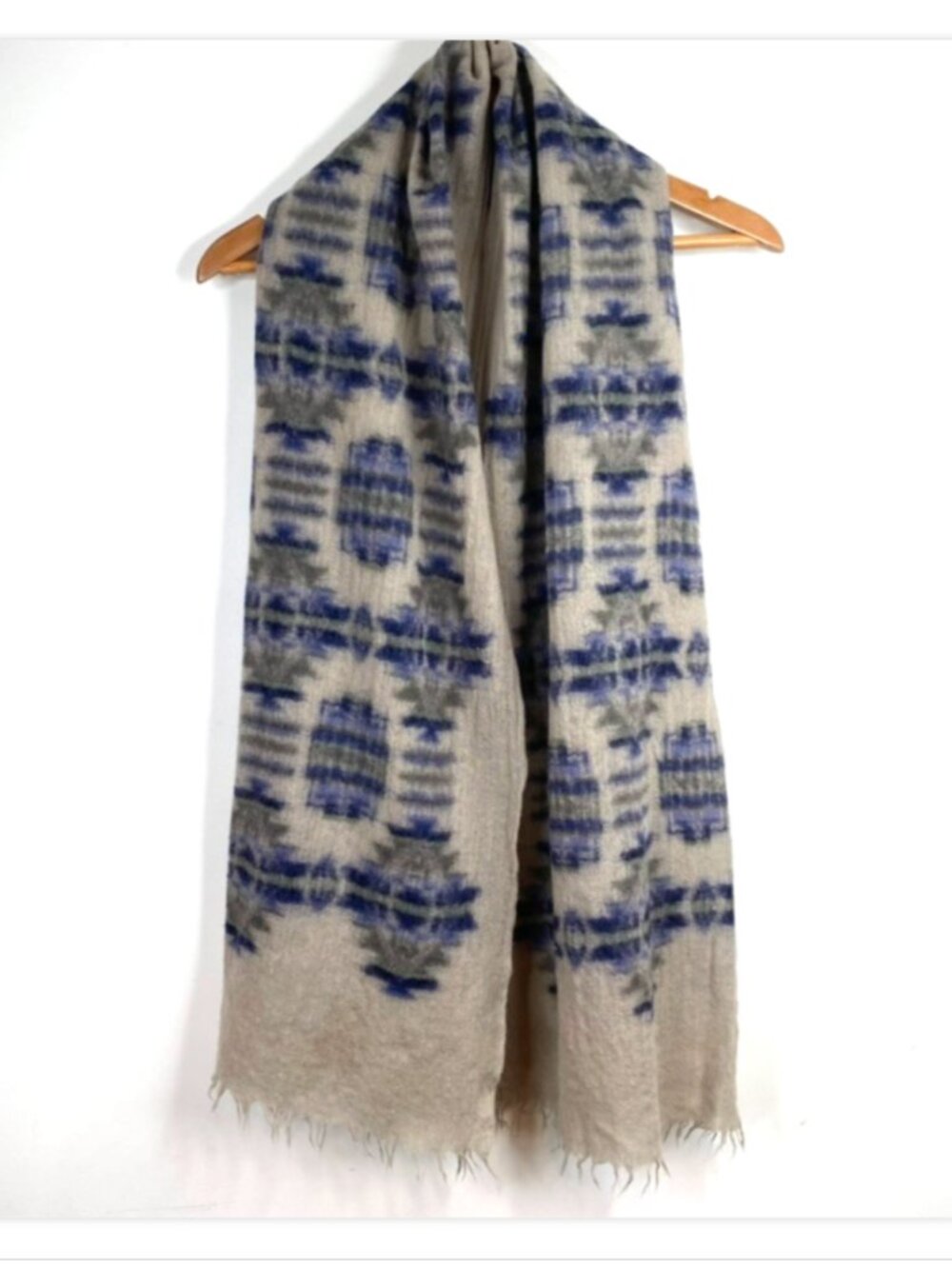 Eddie Bauer Wool Scarf 32x70 Taupe Blue Gray Fringe Aztec Fair Isle Boho Western